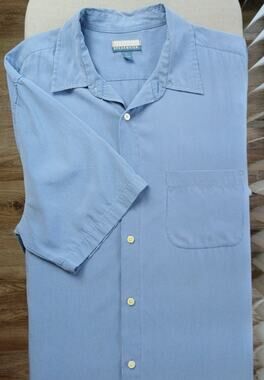 Breakwater Blue Pinstripe Camp Shirt Mens L button-up modal rayon blend SS